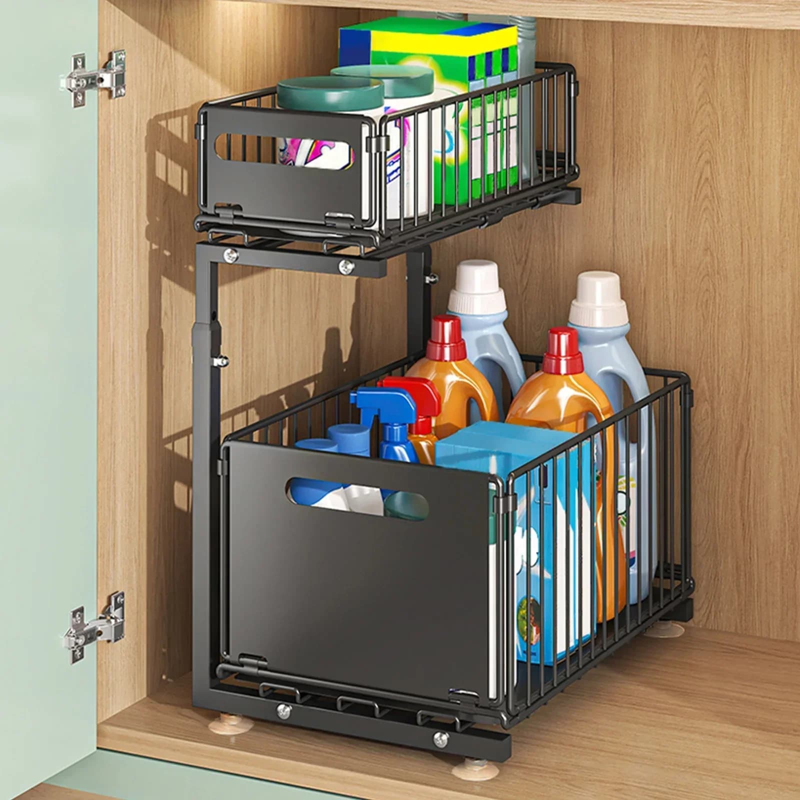2-tier Under Sink Storage Organizer,Ajustable Sliding Cabinet Storage Basket,Kitchen Storage Rack with suction cups,Pull out Cab