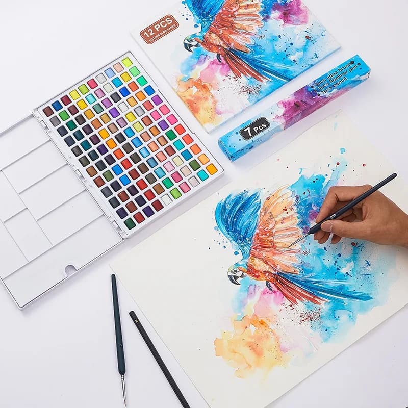 Watercolor Paint Set 120 Colors in Portable Box with Palette Including 12 Fluorescent Colors 15 Macron Colors 38 Metallic Colors