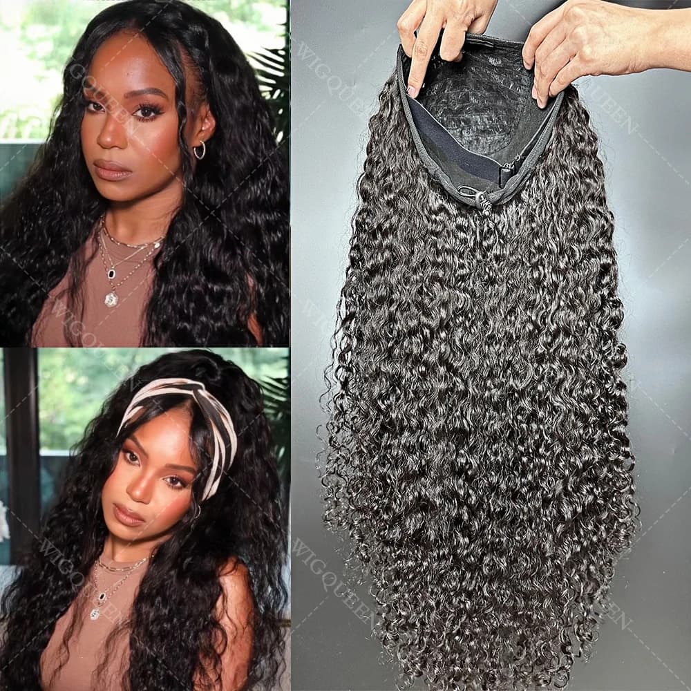Water Wave Glueless Wigs Wear And Go 3 IN 1 Half Wigs Human Hair 200% Density Machine Made Clip-in Wigs With Drawstring Seamless