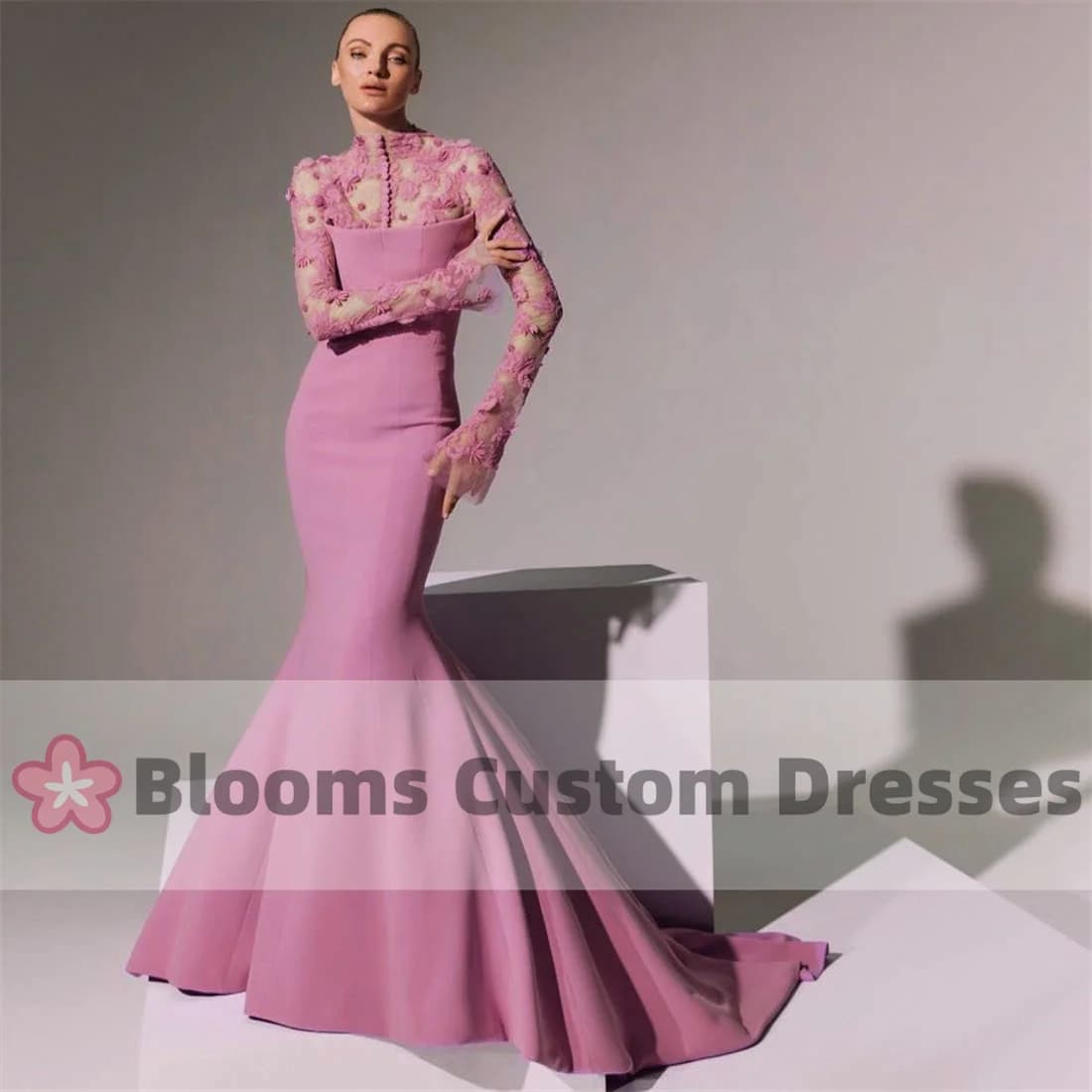 Blooms Customized Beaded Flower Lace Mermaid Prom Dress Long Sleeve Buttons Crepe Elegant Evening Dress Wedding Formal Gown