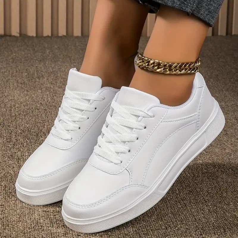 Women White Shoes Flat Female White Board Casual Shoes Lace Up PU Leather Walking Sneakers Thick Sole Outdoor Luxury Fashion