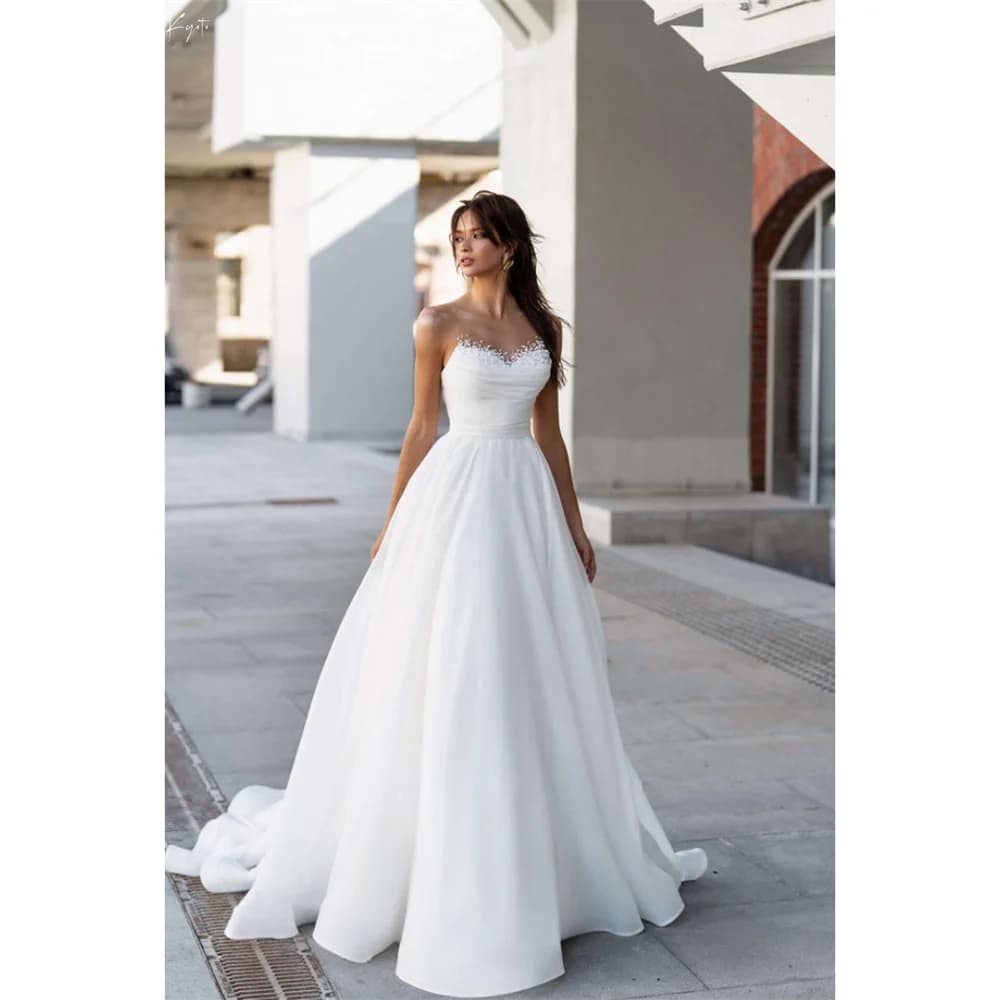 Customized White Strapless With Pearls A-line Wedding Dress Simple Sweetheart vestidos de novia Floor-length Formal Evening 2025