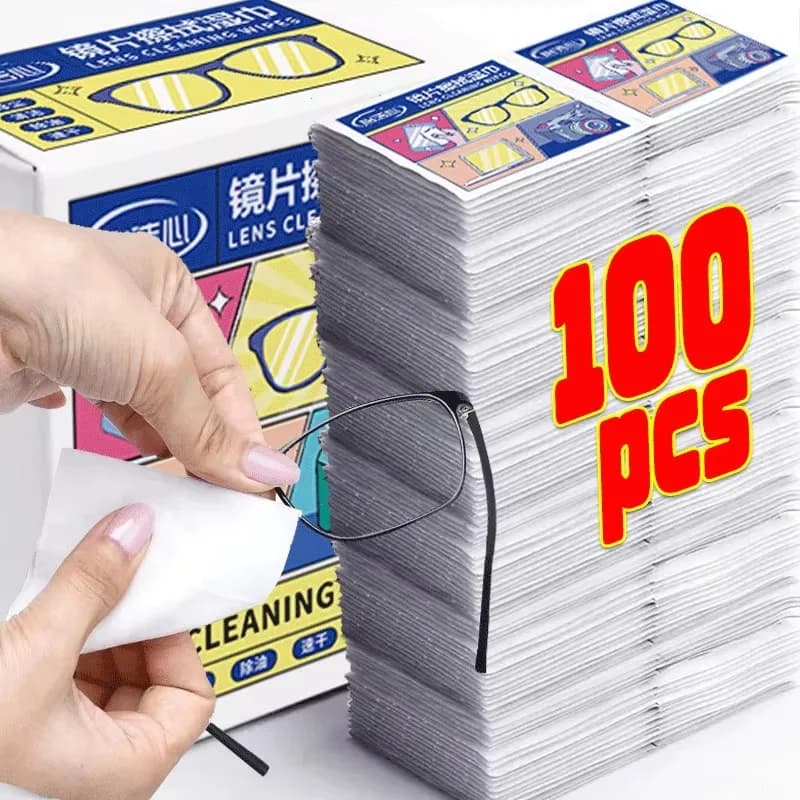100PCS Disposable Eyeglass Cleaning Pads Traceless Quick Drying Anti-fog Glasses Wipes Dust Removal Remove Oil