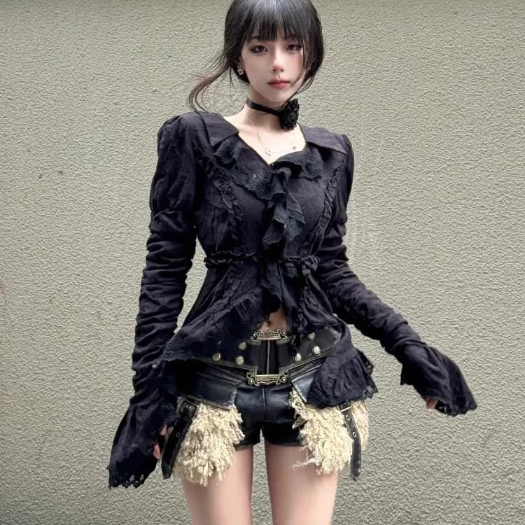 Vintage V-neck Black Shirts Women Spring Autumn New Slim Waist Ruffles Blouses Y2k Grunge Long Sleeve Blusas Mujer