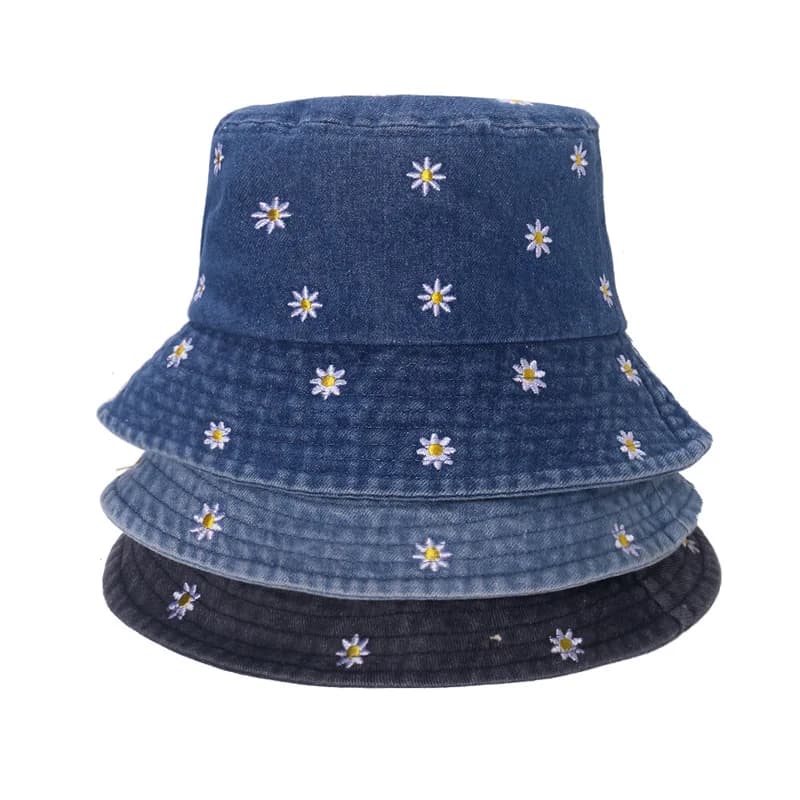 Popular Little Daisy Embroidered Cotton Summer Jeans Bucket Hat Cap For Women Spring Fisherman Hat Outdoor Travel Sunshade Gift