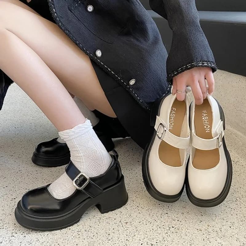 2024 New Platform Heels Mary Jane Shoes Simple Solid Color Platform Shoes Student College Sweet Heel Women's Single Shoes