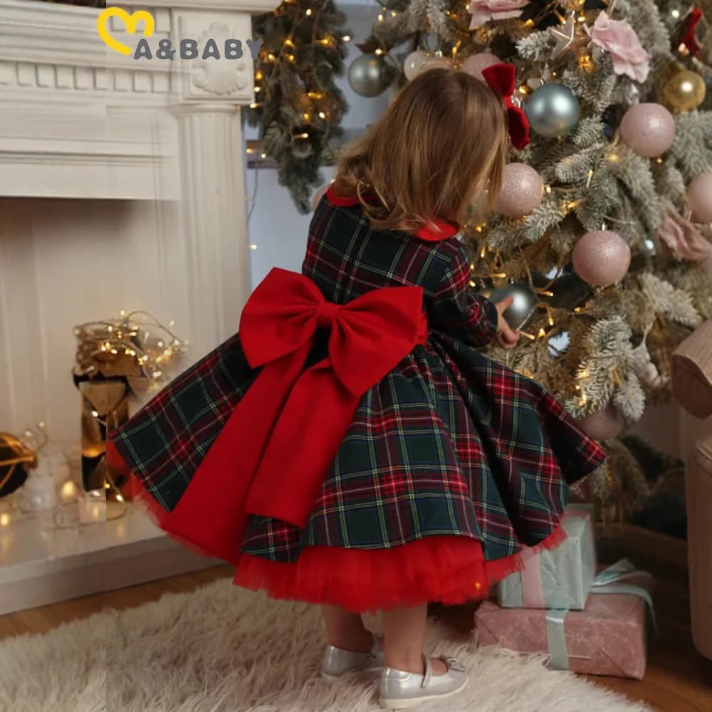 Christmas Girls Cosplay Dress Princess Plaid Red Bow Long-Sleeved Dress Xmas Costumes New Year Christmas Party Dress for Baby