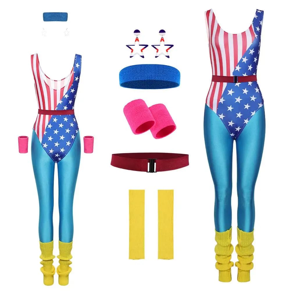 Women Retro 80S 90S Cosplay Jumpsuit Costume Leggings Sportwear Headband Earings Belt Outfits Halloween Carnival Party Suit