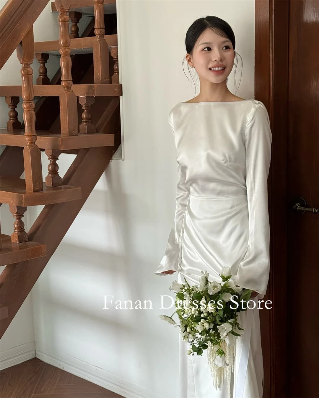FANAN Boat Neck Korea Sheath Wedding Dresses 웨딩드레스 Silk Satin Ivory Long Sleeves Customized Pretty Bride Gowns Plus Size