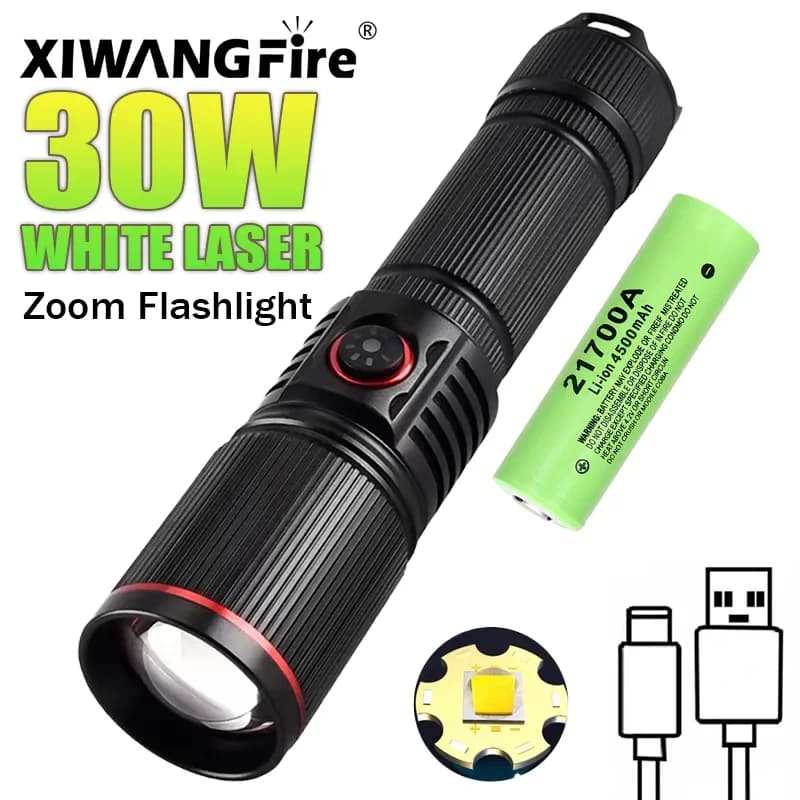 30W High Power LED Flashlight Zoom Torch USB Rechargeable Light Outdoor Camping Hunting Fishing Walking Riding Lighting Lamp