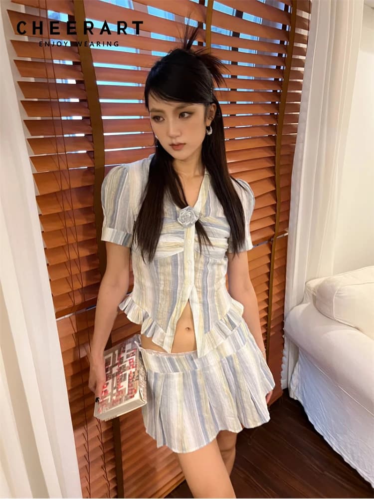 CHEERART Preppy Style Mini Skirt Two Piece Set For Women Summer Outfit Striped Pleated Skirt And Top Clothing