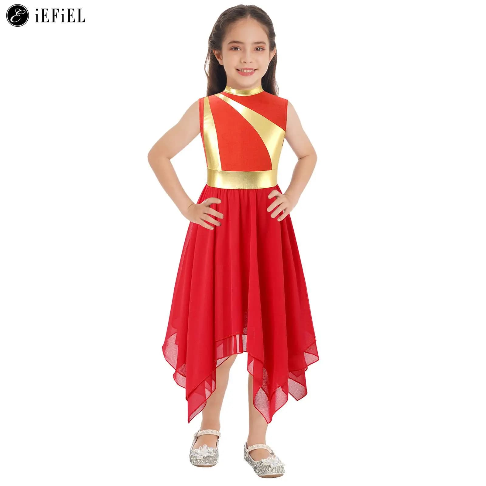 Kids Girls Shiny Metallic Sleeveless Worship Dress Lyrical Liturgical Praise Dance Tulle Costume Modern Ballroom Dancewear