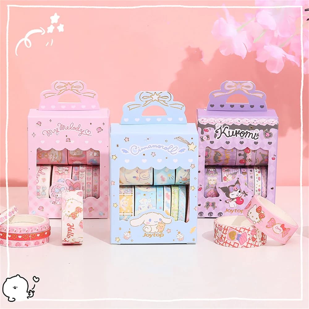 10Roll/Box Sanrio Kuromi Cinnamoroll Meloyd Tape Sticker Cute Cartoon Hello Kitty Handbook DIY Hot Stamping Stickers Kids Toys