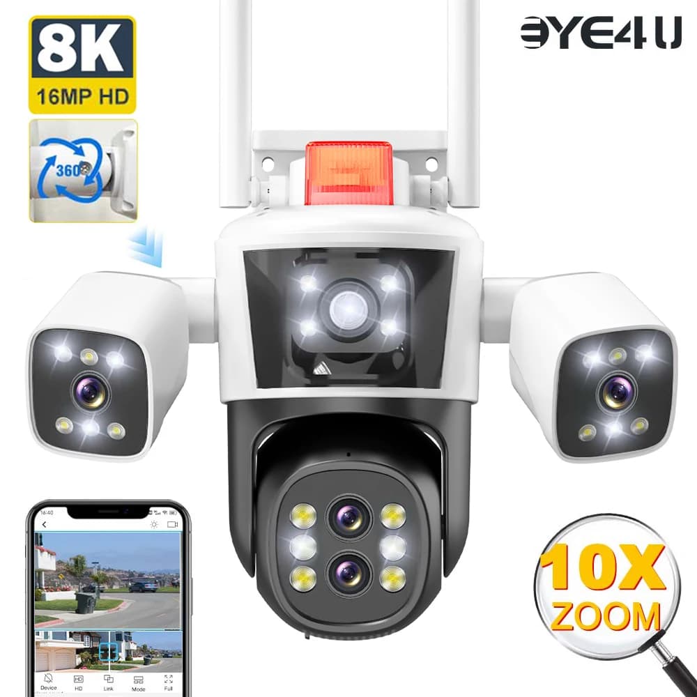 16MP 8K WiFi Security Cameras Four Len Three Screens 10X Zoom Outdoor PTZ Video Cam Auto Tracking 6K Waterproof Surveillance Cam