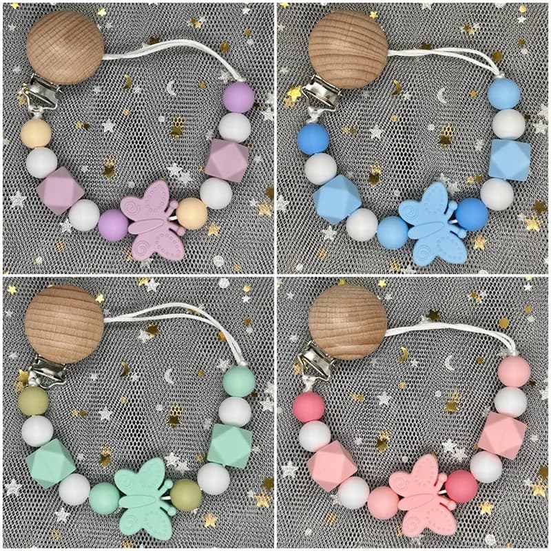 Baby Handmade Beech Dummy Pacifier Clips Silicone Beads Butterfly Chain Pacifier Chains for Baby Teething Toys Newborn Chew Gift