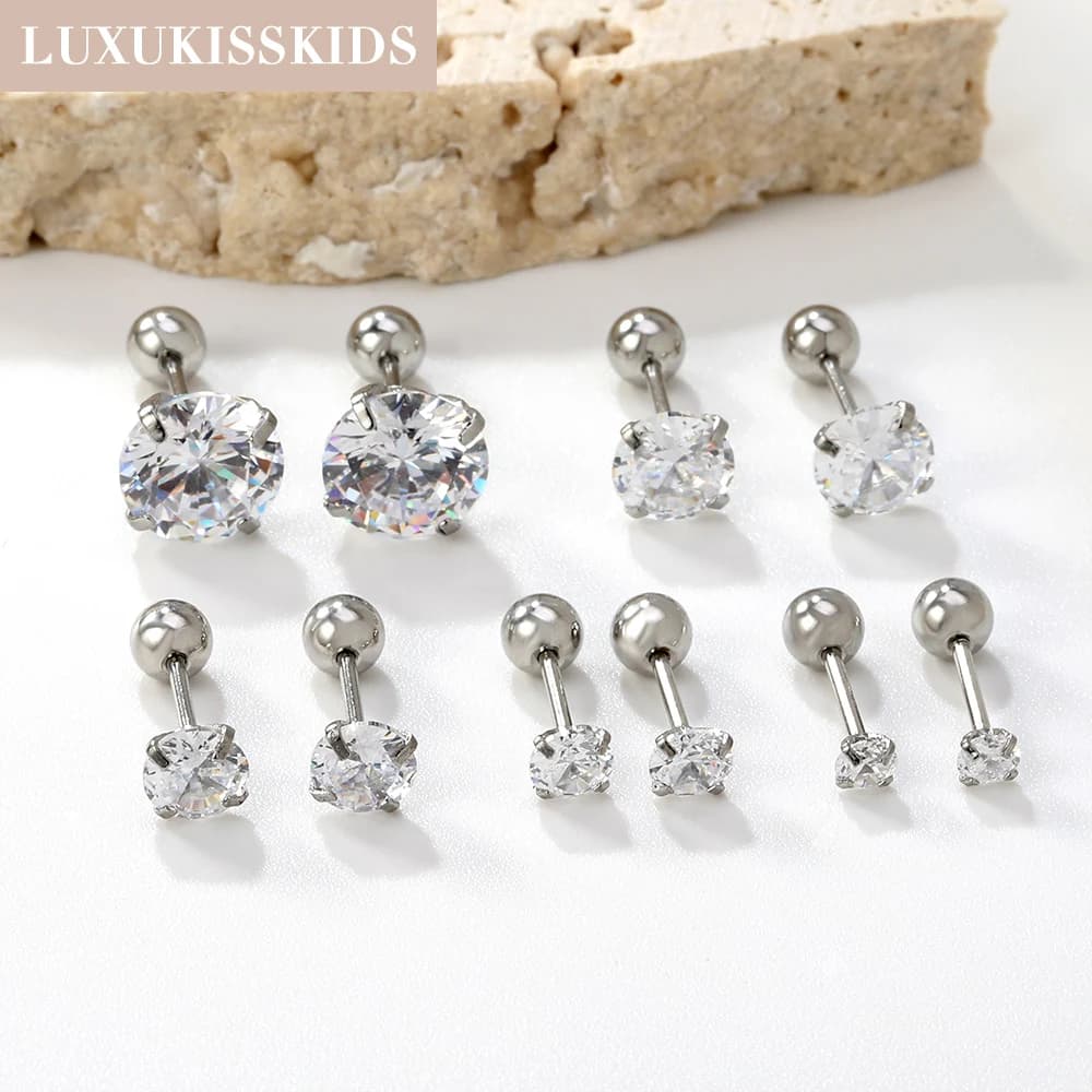 LUXUKISSKIDS 1pairs/2pcs Piercing Men Round Crystal Zirconia Stud Earrings Surgical Steel Jewelry Luxury Clear Rhinestone Unisex