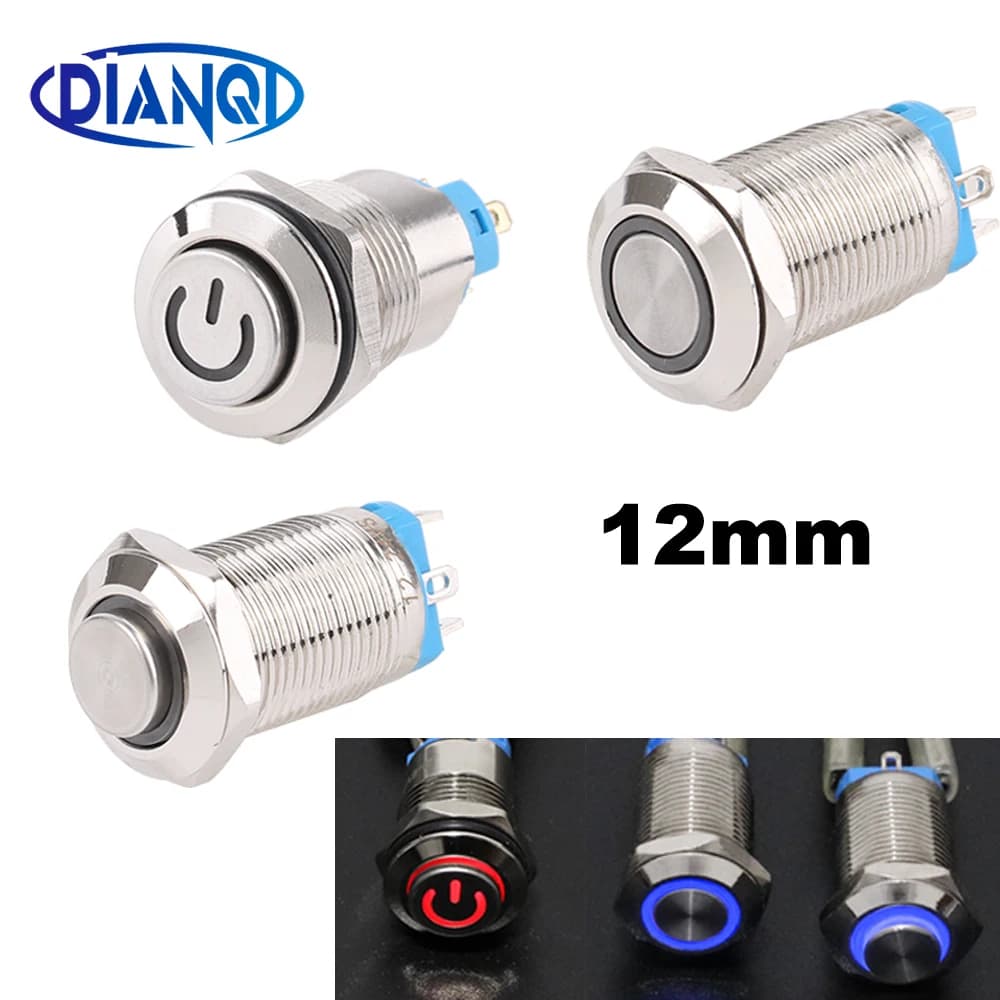 Sliver Push Button Switch 4 Pin 12mm Waterproof Led Light Metal Flat Momentary/Latching Switches with power mark/Ring LED