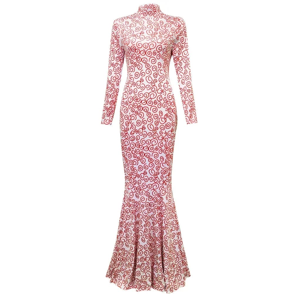 Invaders From Mars Cosplay Costume High-neck Long-sleeved Printed Fishtail Dress Halloween Carnival Party Outfits for Women