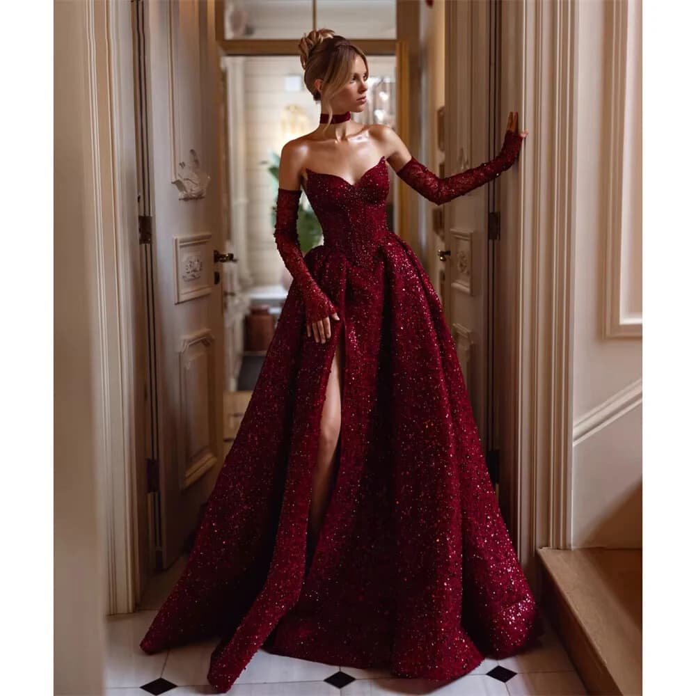 Exquisite Sequined Evening Dresses for Women Wine Red Beading Vestidos De Noche Wedding Party Princess Customized Wedding Dress