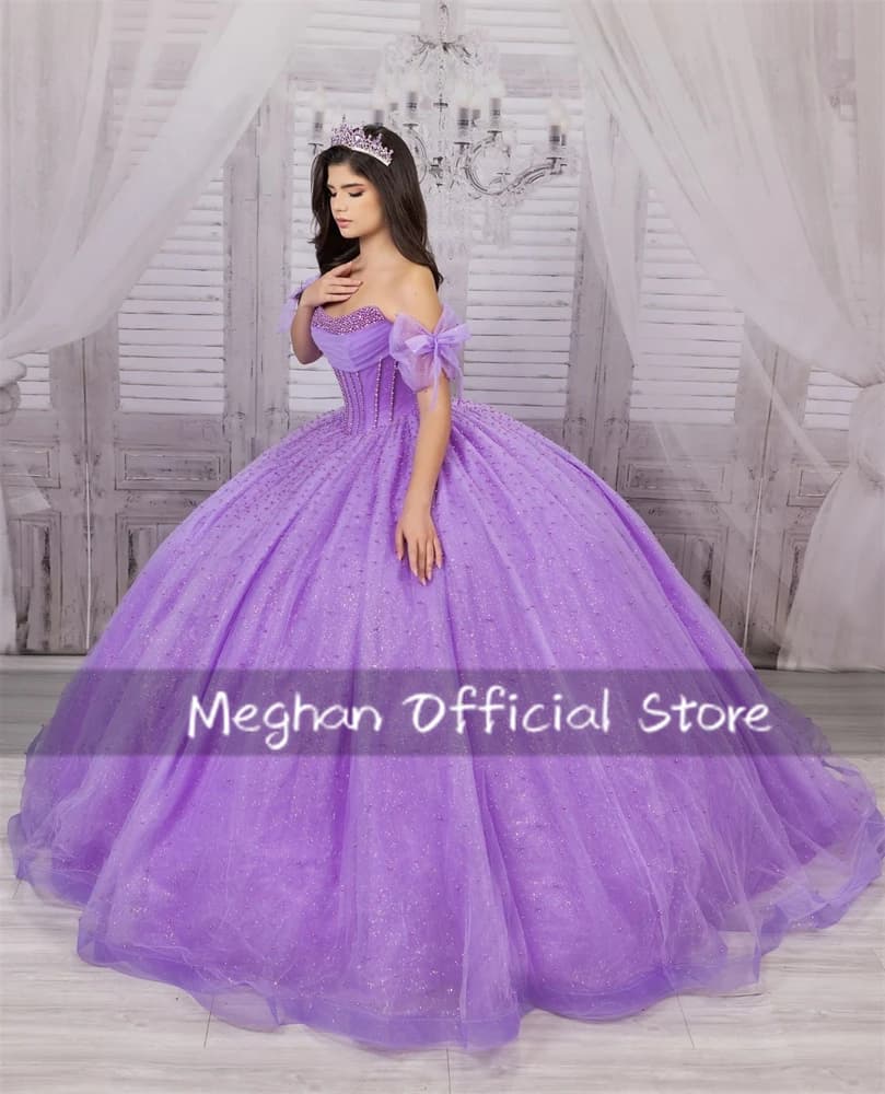Purple Off Shoulder Pleat Quinceanera Dress Bead 2025 Birthday Luxury Dress Bow Princess Gown With Detachable Cape Customized