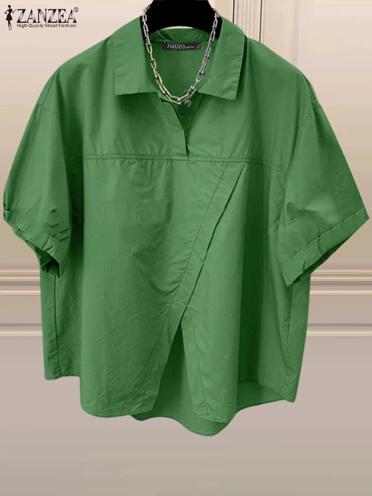ZANZEA Fashion Women Tops Summer Lapel Neck Short Sleeve Shirt Solid Loose Blusas Para Mujer Casual Split Hem Blouse Work Tunic