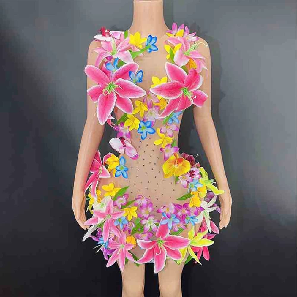 Customized New Flower Embroidery Mesh lace Transparent High Elastic Short Sleeve Sexy Tight Party Dress Stage Performance