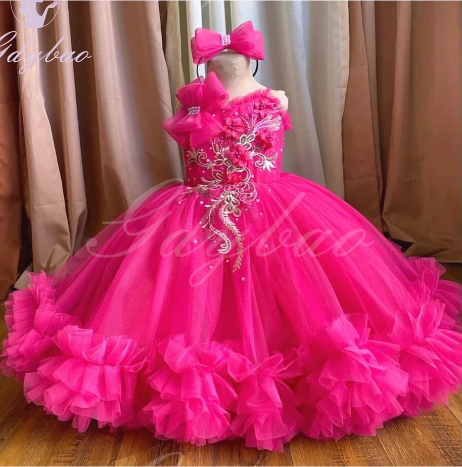 Hot Pink Fower Girl Dress Puffy 3d Appliques Sleeveless For Wedding Baby Kids Birthday Party Princess First Communion Ball Gown