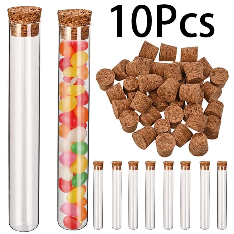 10Pcs 10ml 15*100mm Round Bottom Mini Plastic Test Tube with Cork Stopper for Wedding Party Favors