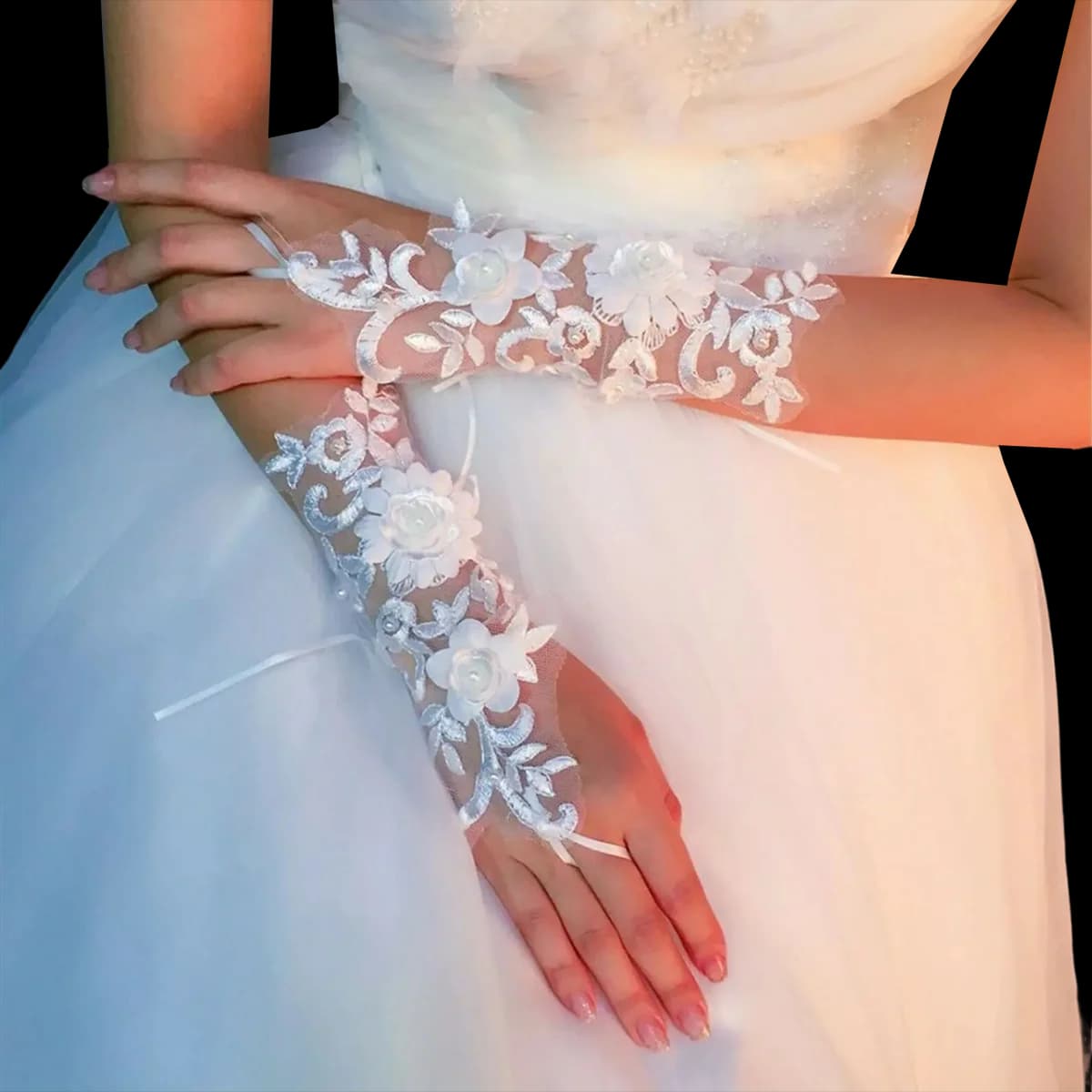Bridal Gloves Wedding Fingerless Lace Embroidery Pearls Finger Photo Decoration Flower Hand Gloves