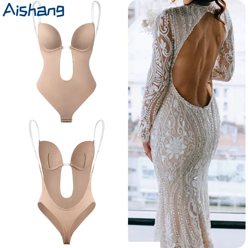 One-Piece Deep V-Neck Push Up Body Shapewear Bodysuit Women's Thong Bottom Underwear Slimming U-Shaped Low Back Backless Corset