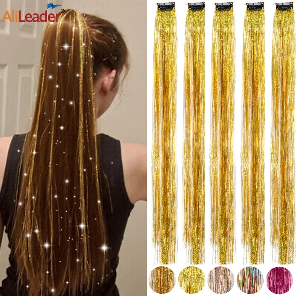 Fashion Sparkle Clip In Hair Tinsel Colorful Hair Extensions 19.5Inch Synthetic Heat Resistant Glitter Hair Extensions For Women