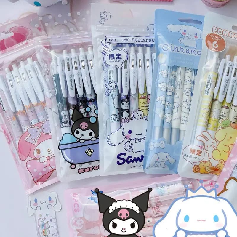 6Pcs Sanrio Cinnamoroll 0.5mm Gel Pens Set Hello Kitty Kuromi Black Pen School Supplies Anime Cartoon Student Stationery Gift