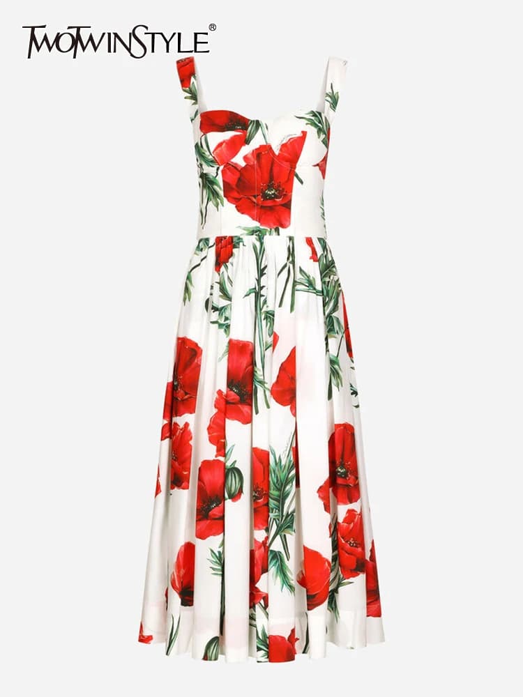 TWOTWINSTYLE Slim Hit Color Dresses For Women Square Collar Sleeveless High Waist Folds Print Elegant Dress Female Summer 2023