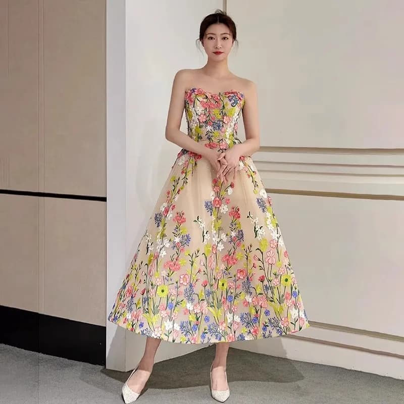 Customized Sweet Fairy Flowers Evening Dresses Sexy Strapless Tea-length Prom Dress New Elegant A Line Robe Soiree Longue