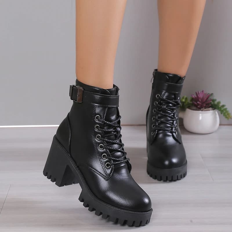 New Winter Lace-up Solid Color Warm Casual Non-slip High Heels Round Toe Fashion Side Zipper Square Heel Women's Boots