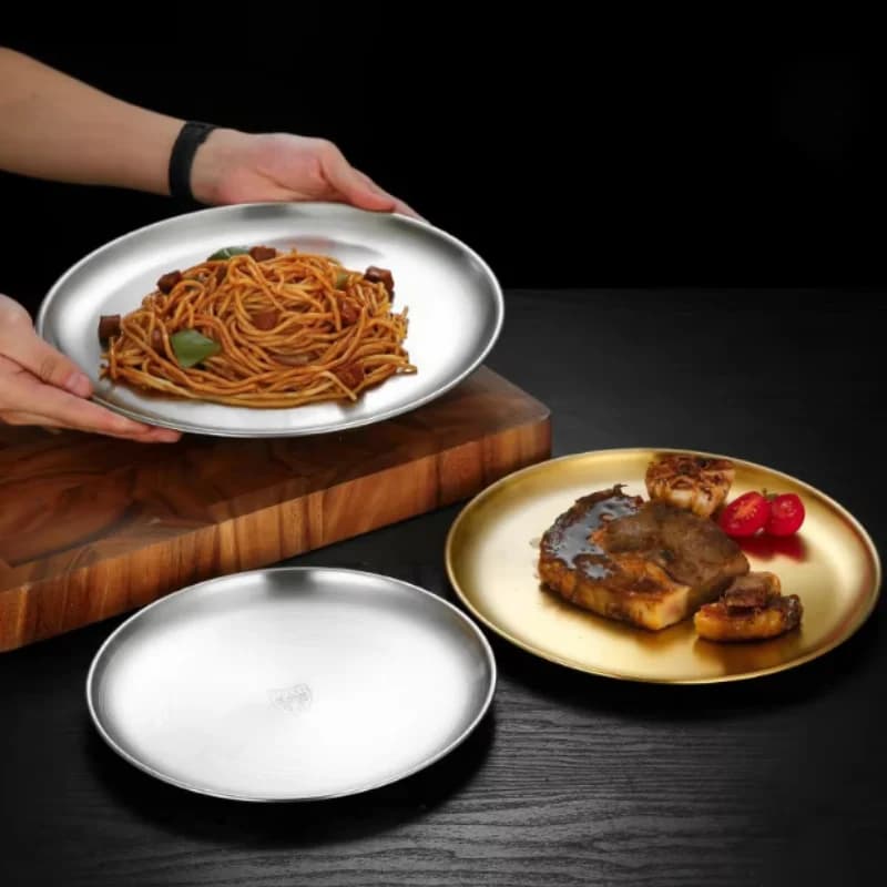 Thickened Stainless Steel Golden Round Fruit Plate Cake Plate Bone Tray BBQ Plate Flat Bottom Shallow Tray