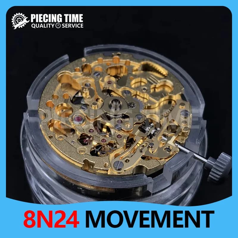 Japanese 8N24 Automatic 3 Hand Automatic and Manual Winding Skeleton Stop Second Device Size 11 1/2 Inches
