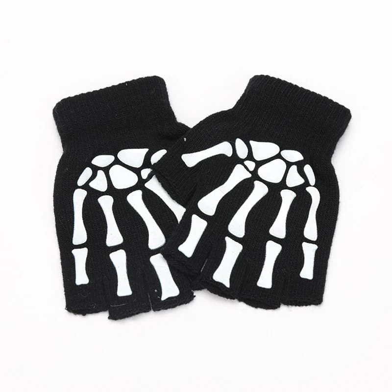 New Adult Kids Halloween Skeleton Skull Half Finger Luminous Punk Gloves Winter Skull Fingerless Black Mitten