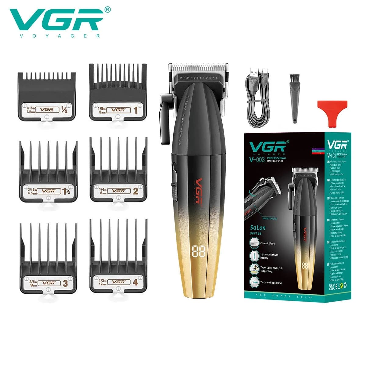 Original VGR Metal 9000RPM Professional Men's Hair Clipper Rechargeable Hair Trimmer Barber Cordless Hair Cutting Electric Salon