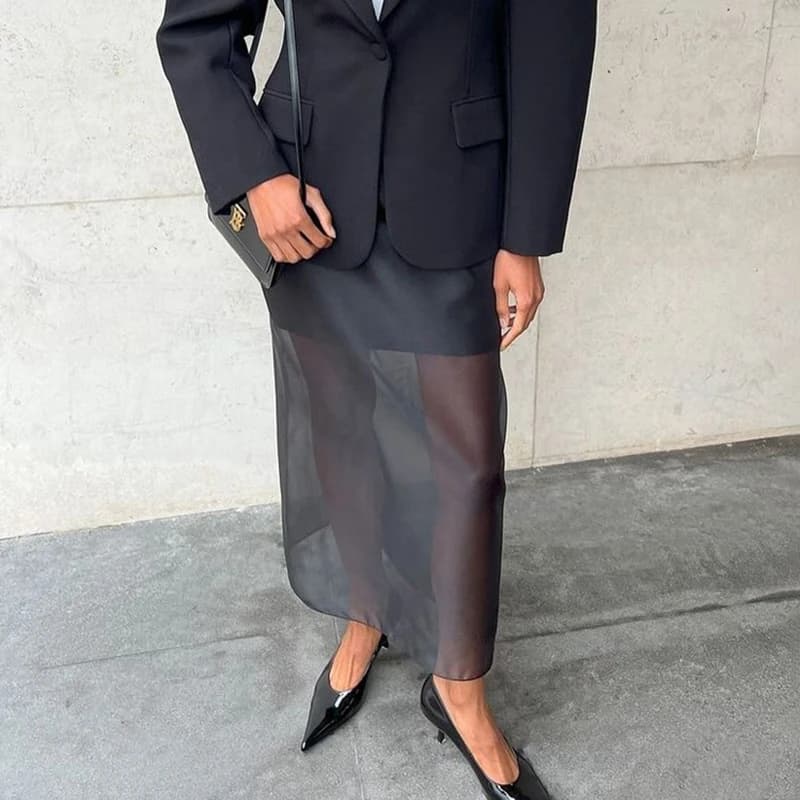 Tornova Black Mesh Skirts For Women Double-layer Design Sexy Perspective High Waist Slit Hip Skirt Female Thin Loose New Summer