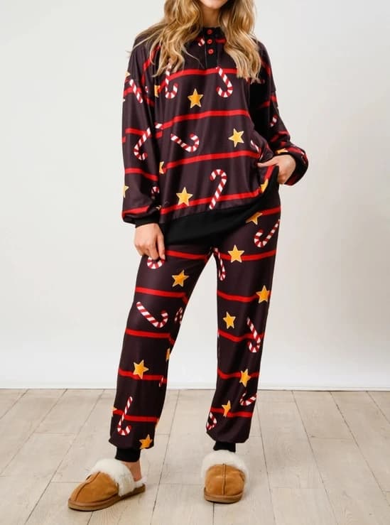 Christmas Women's Pajamas Set Warm Thick Sleepwear Printing Pullover Hooded Allover Pattern Wide Leg Trousers Matching Outfis