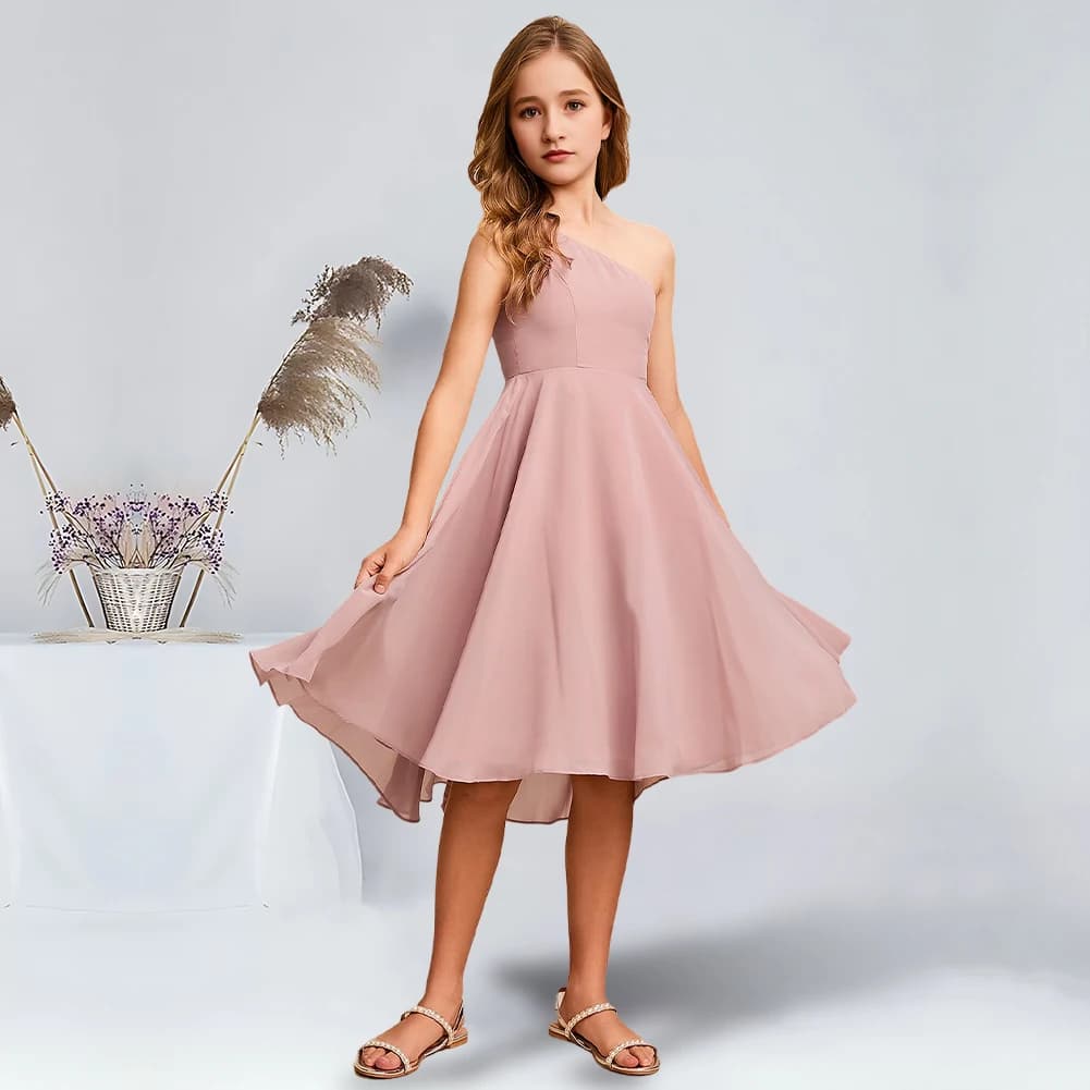 Elegant A-Line One Shoulder Asymmetrical Chiffon Junior Bridesmaid Dresses Dusty Rose Stylish Flower Girl Dresses Party Wedding