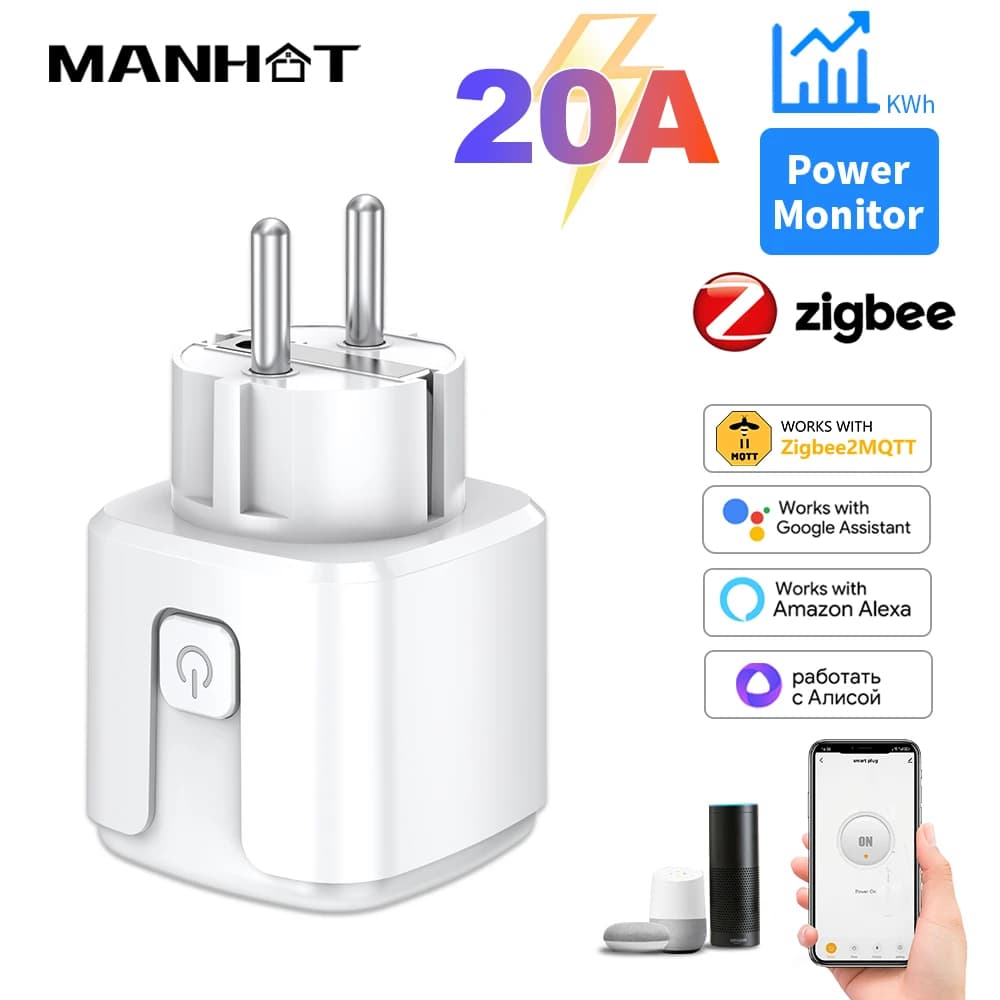 EU Plug Zigbee3.0 20A adapter,Smart Socket Monitor Timing outlet With Power Monitor Work With Google Home Zigbee2MQTT