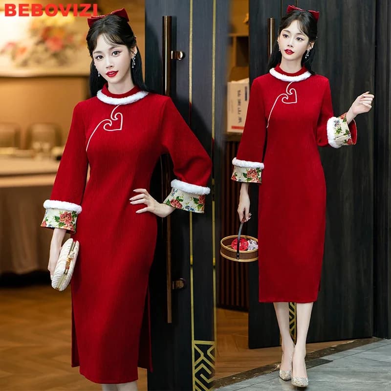 Autumn and Winter Wedding Dress Improved Cheongsam Red Dress Chinese Traditional Wedding Dress 3XL 4XL