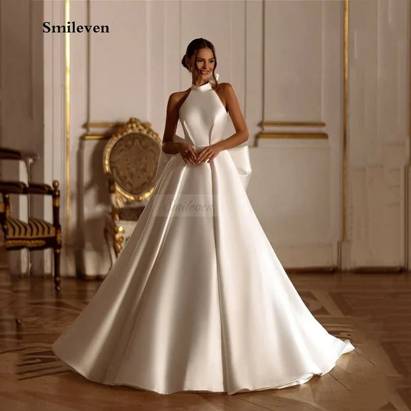 Smileven Sweetheart Neck Wedding Dresses Halter White/Ivory Satin Mermaid Bridal Gowns Modest vestidos de novia 2024