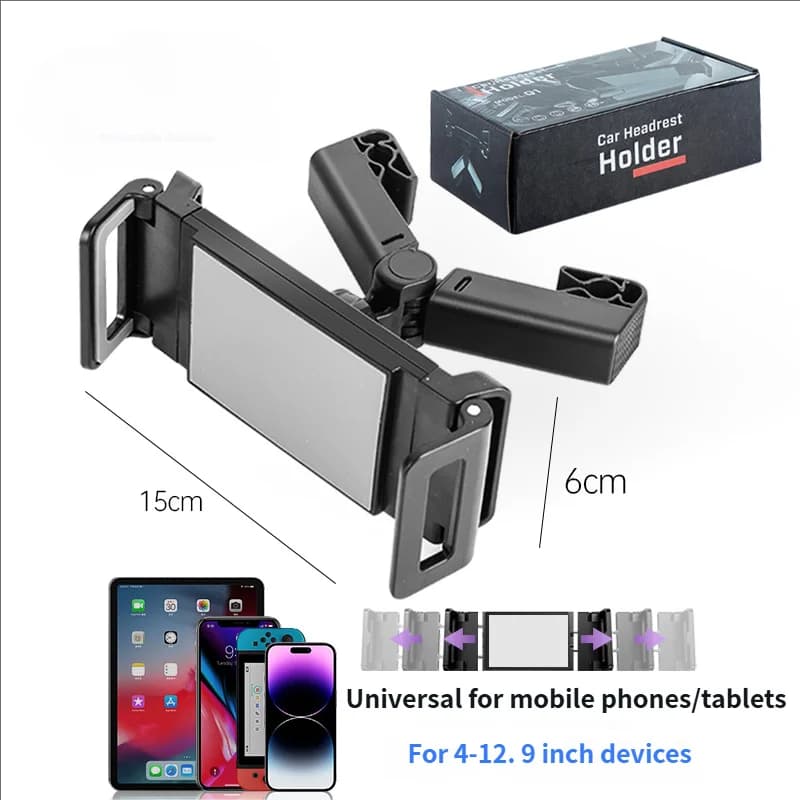 Car Headrest Tablet Phone Holder 4.7-12.9 Inch Telescopic Rear Pillow 360° Rotating Seatback Mount Adjustable Stand for iPad