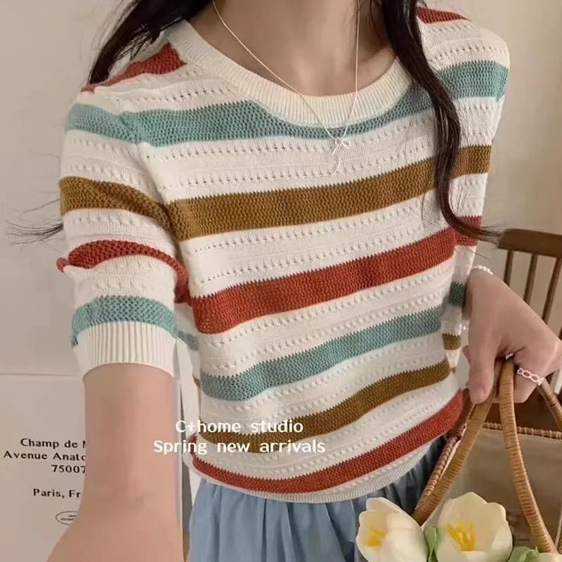 Summer Fashion Striped Patchwork Knit T-shirt Women Casual Loose O-neck Short Sleeve Top Tee Lady Elegant Chic Thin Pullovers
