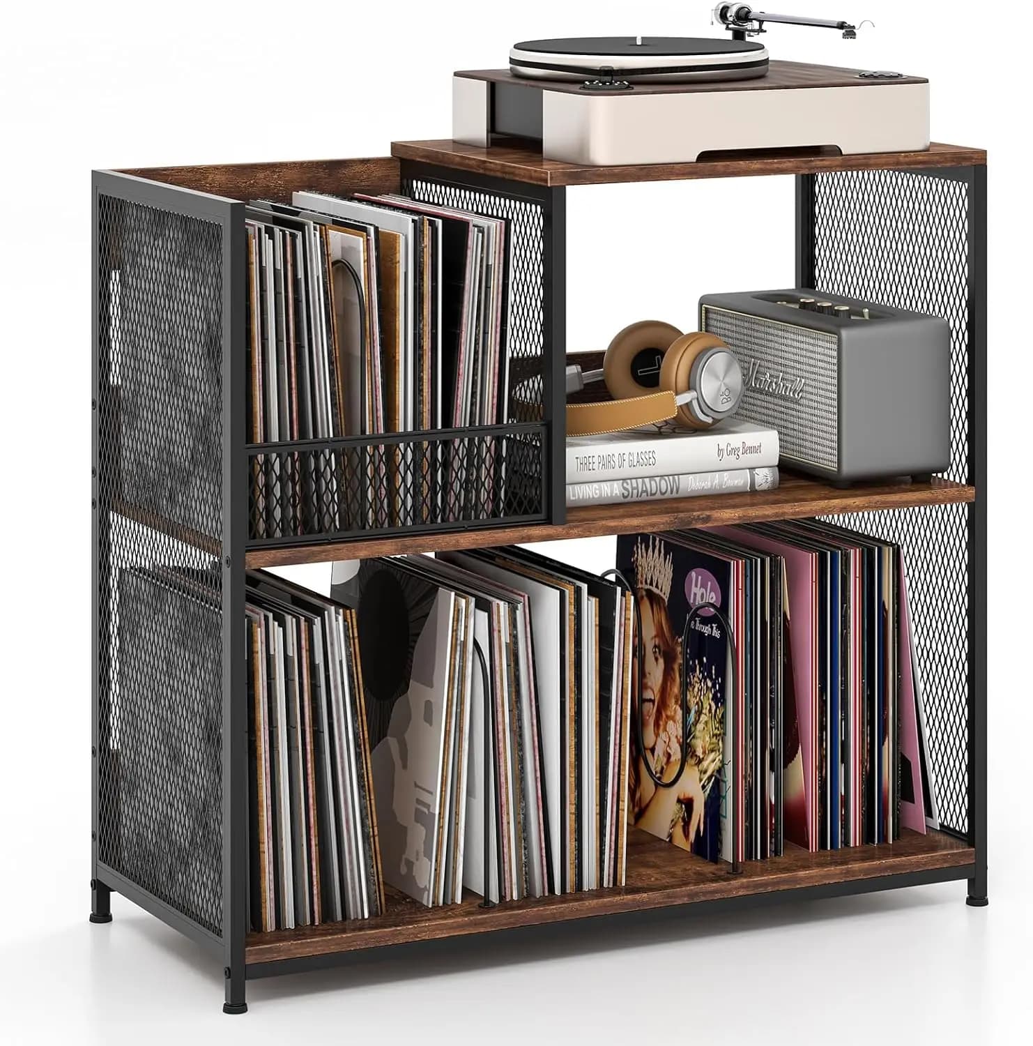 3-Tier Record Player Stand Holds up to 300 Albums, Turntable End Table with 3 Removable Dividers & Metal Frame, Vinyl Display St