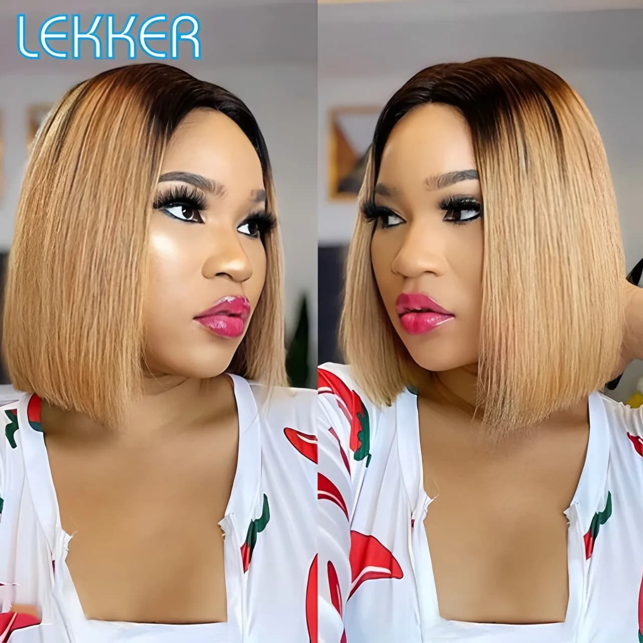 Lekker Ombre Blonde Short Straight Bob 13x1 T Lace Front 100% Human Hair Wigs For Women Glueless Brazilian Remy Hair Colored Wig