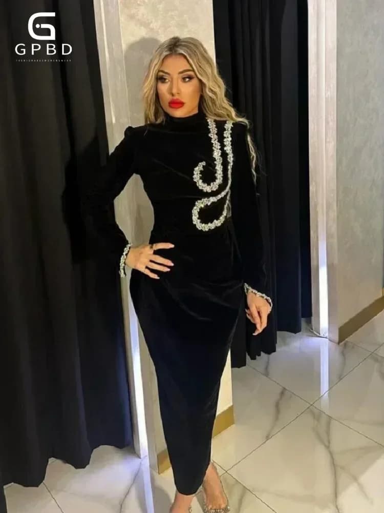 GPBD 2025 New Black Slim and Slim Beaded Long Sleeve Bandage Dress Long Dress Maxi Dresses for Women
